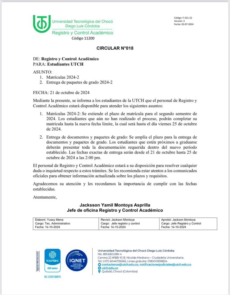 Atención matrículas hasta el 25 de octubre en la Utch