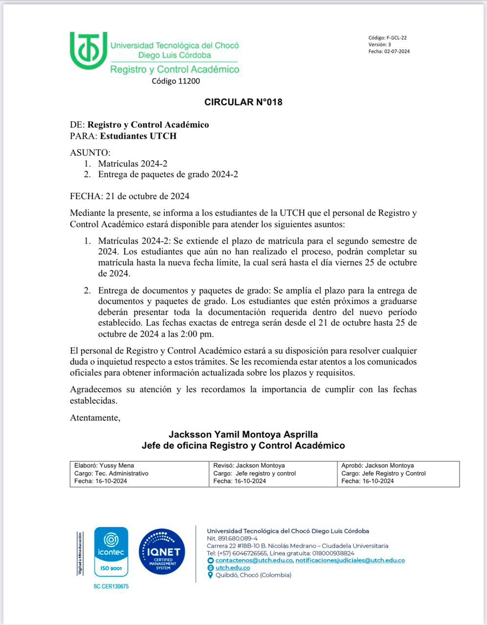 Atención matrículas hasta el 25 de octubre en la Utch