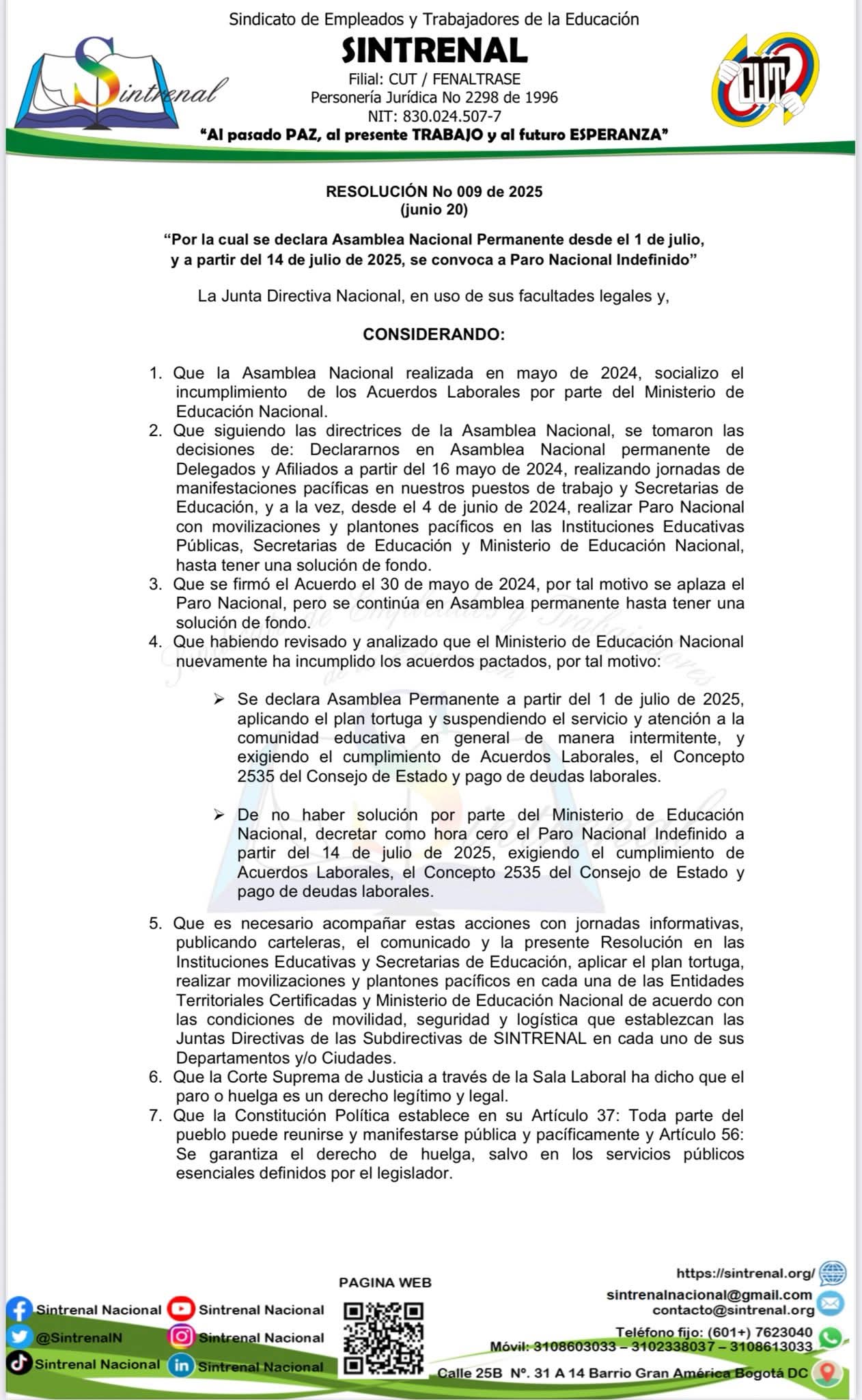 Sintrenal anuncia paro nacional indefinido en educación pública: 14 julio como fecha de inicio